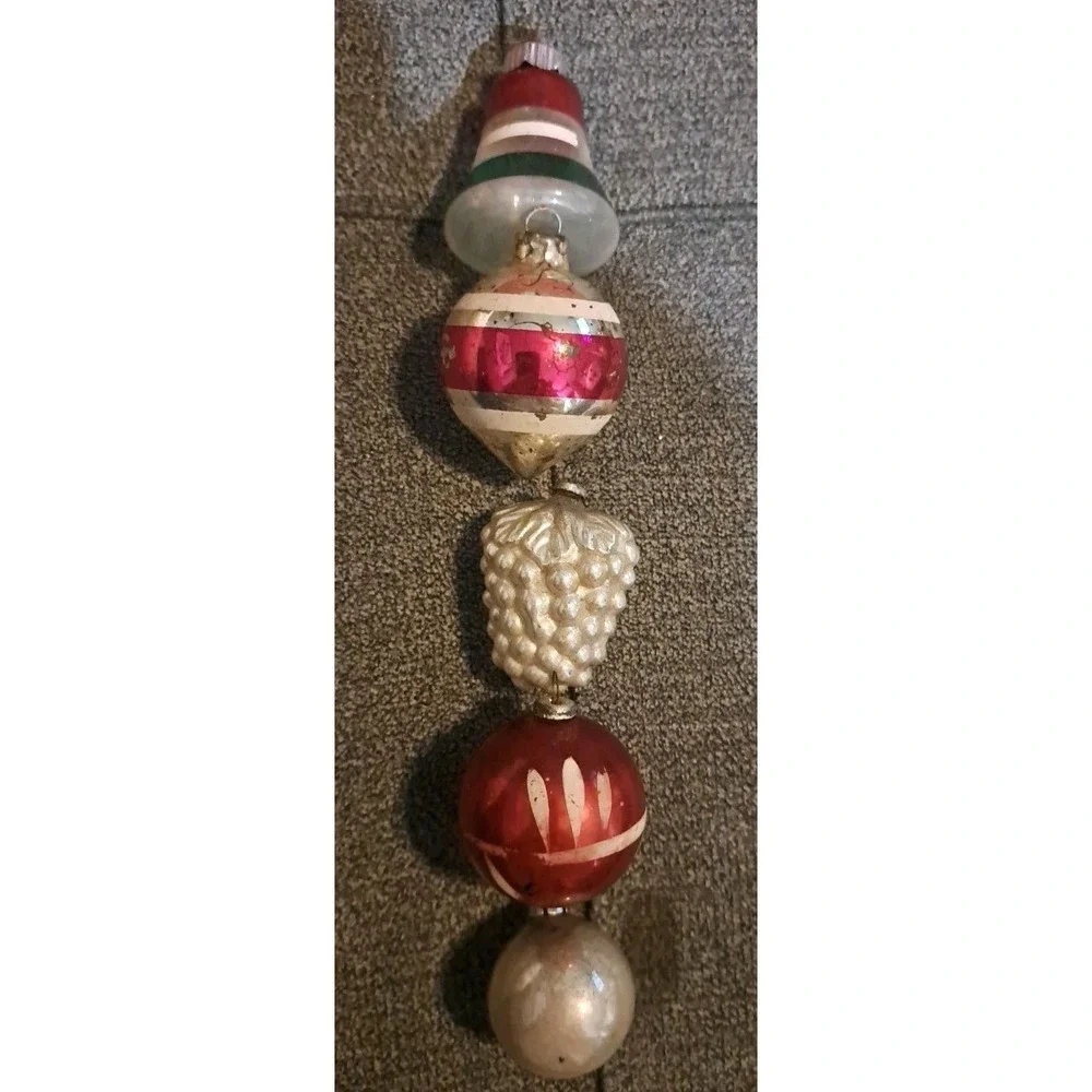 Lot 5 Vtg Mercury Glass Christmas Ornaments Grapes Bell Pointed Ball RedBall Orb